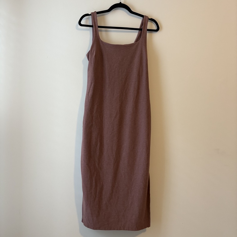Beyond Yoga Spacedye Icon Midi Dress Mauve Sz L Square Neck Stretch Slit Travel